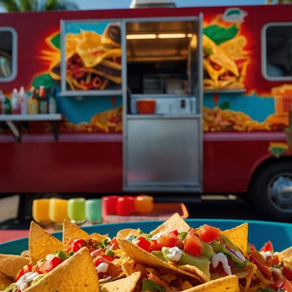 La Poblanita Mexican food truck with a close-up of delicious nachos topped with fresh ingredients.