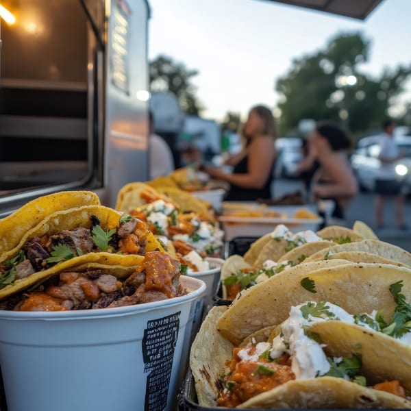Close-up of La Poblanita Mexican Restaurant's tacos and food truck with blurred people in background.