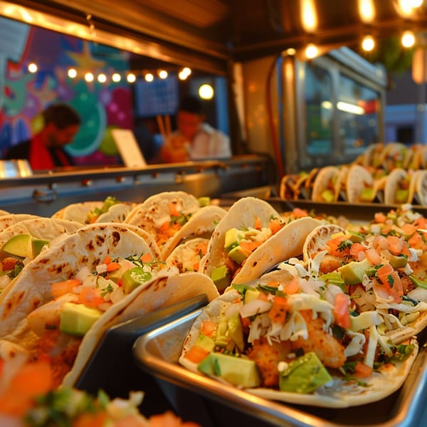 Close-up of numerous La Poblanita Mexican Restaurant tacos with various toppings on metal trays.